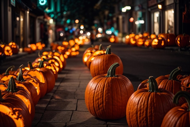 Glowing pumpkin decorations of the city for the holiday Halloween concept Background with selectiv