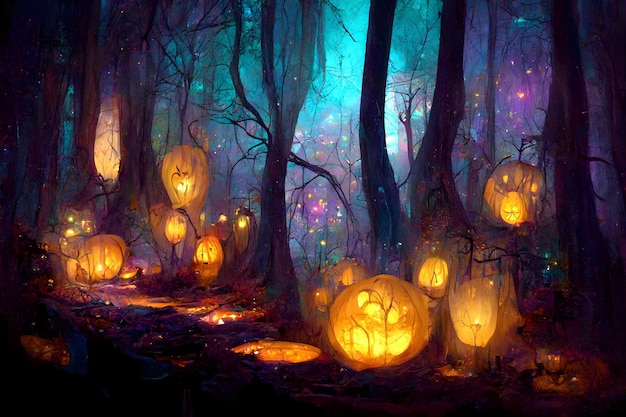 Glowing pumpkin heads in dark halloween magic forest neural network generated image