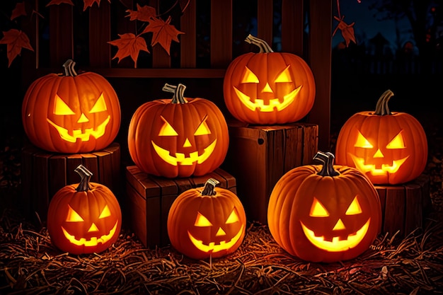 glowing pumpkin lantern lights up spooky halloween night autumn