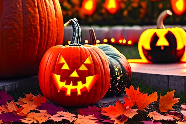 glowing pumpkin lantern lights up spooky halloween night autumn