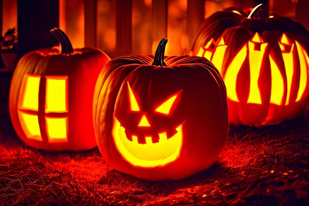 glowing pumpkin lantern lights up spooky halloween night autumn