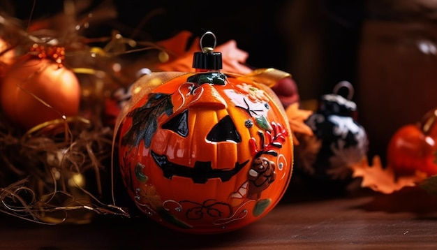 Glowing pumpkin on spooky night lights up Halloween generated by AI