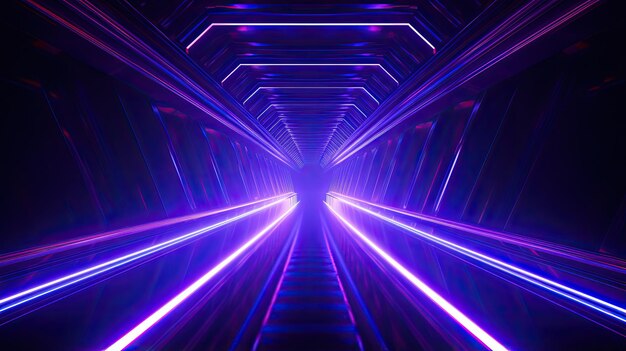 Glowing purple and blue neon lights in a dark tunnel