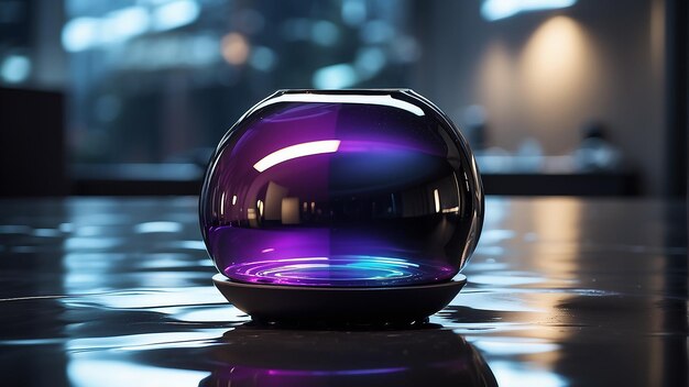 輝く紫色の球がテーブルの上に座っておりその表面には建物の反射がある