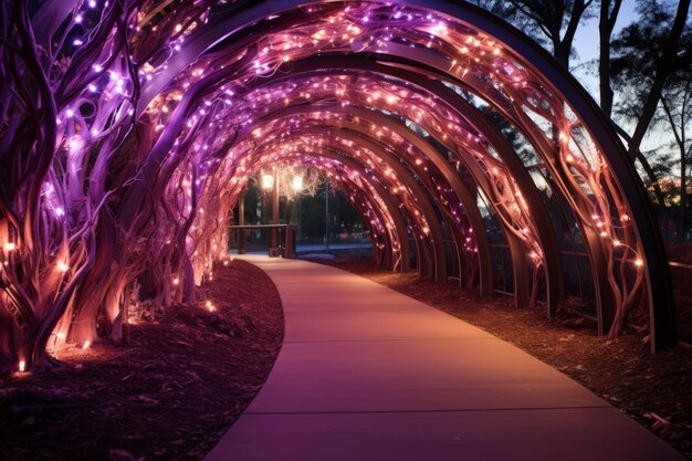 Foto gli alberi viola luminosi illuminano il sentiero del giardino