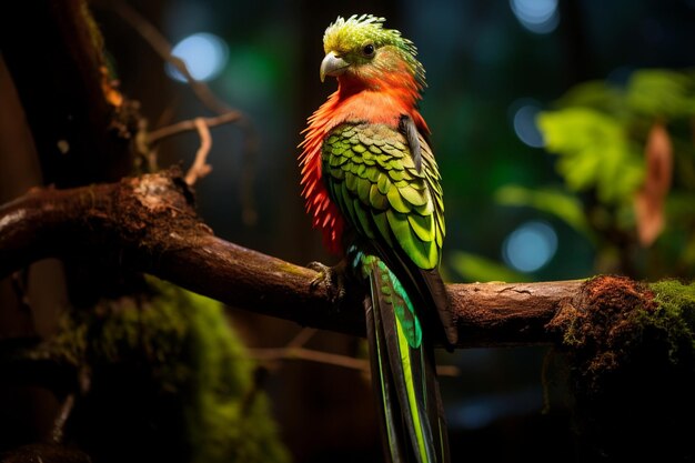 Photo glowing quetzal perched on branch covered in luminous moss