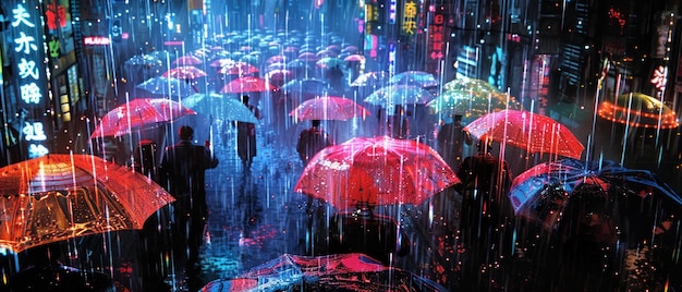 Glowing Rain Een Cyberpunk stadsbeeld in