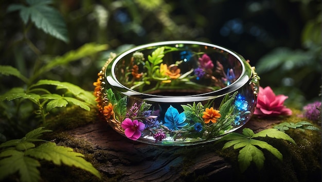 Photo a glowing rainbow ring is set in a bed of lush green naural