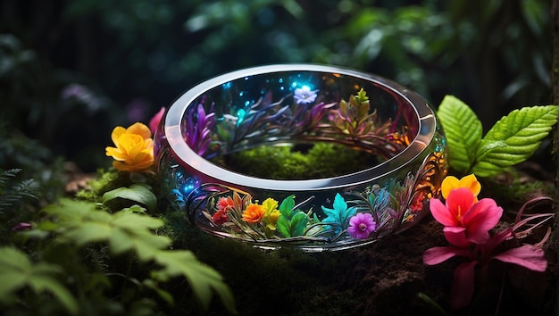 Photo a glowing rainbow ring is set in a bed of lush green naural