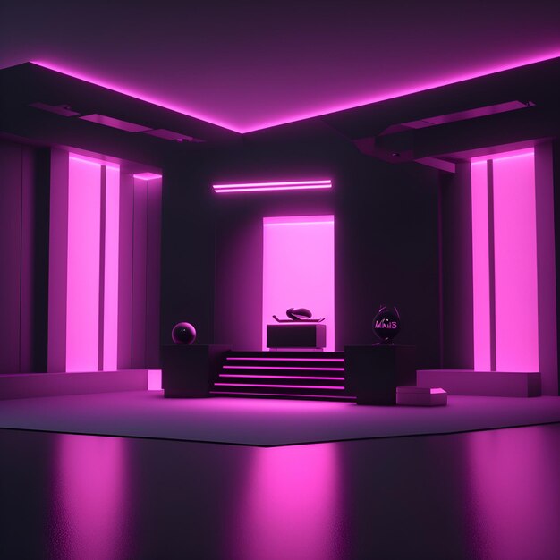 Glowing realistic futuristic modern 3d rendering empty dark hall room stage interior neon background