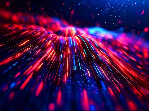 Фото Светящаяся красно-голубая неоновая полоса каскадная линия дождя частицы абстрактный фон
