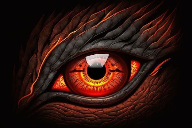 Photo glowing red dragons eye in black electronic painting