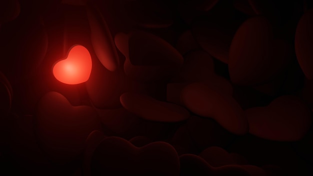 Photo a glowing red heart among dark heart pile (3d rendering)