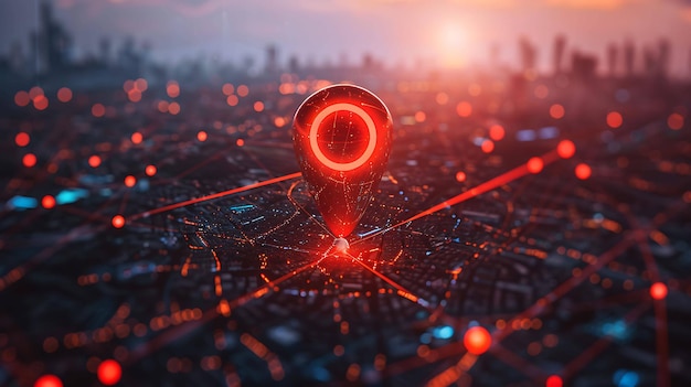 A glowing red map pointer icon hovers over a detailed digital map with a blurred cityscape in the background