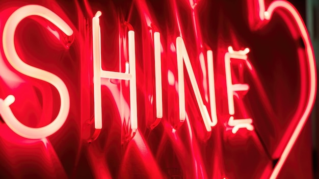 Glowing red neon lights sign spelling SHINE dark background retro 90s design