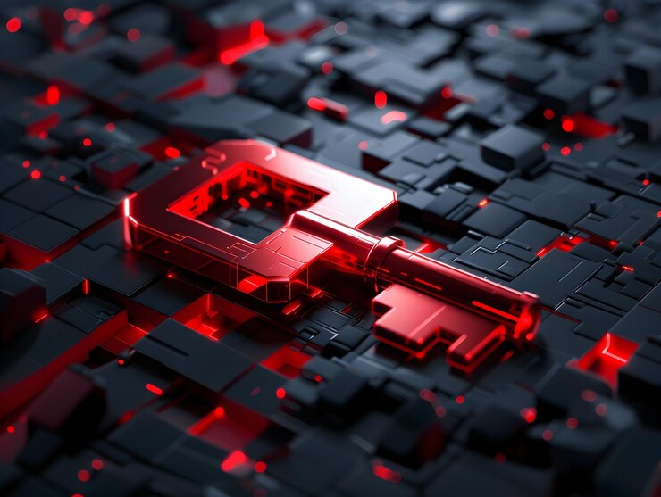 Photo glowing red technological circuit on dark futuristic geometric backdrop