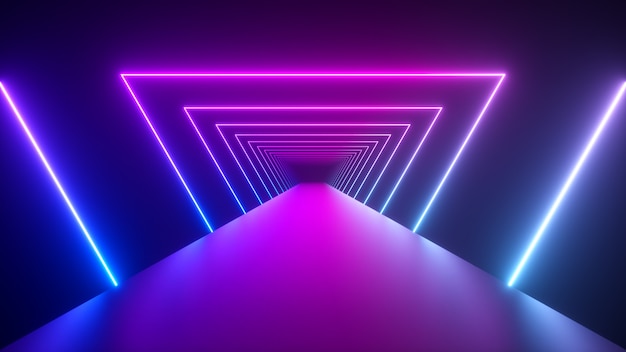 Photo glowing rotating neon triangles creating a tunnel