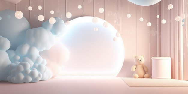 Glowing round backdrop with light blue cloud hanging white ball ornaments and teddy bear decor Dreamy background template Created with Generative AI technology