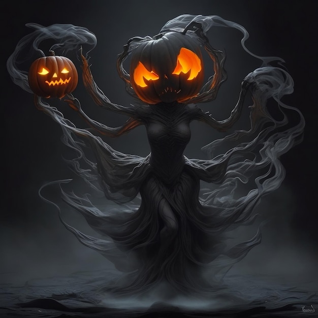 Glowing Scary Pumpkin On A Dark Smoky Background With Smoke Ghost Halloween Pumpkin Background