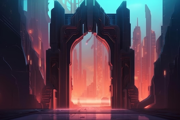 Glowing scifi gate leading to a futuristic city in a 2D illustration digital fantasy painting Generative AI