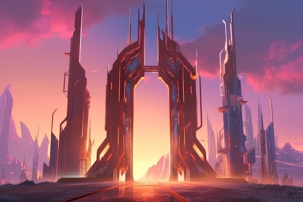 Светящиеся научно-фантастические ворота, ведущие в футуристический город в 2D-иллюстрации цифровой фэнтезийной живописи Генеративный ИИ