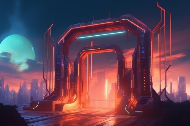 Glowing scifi gate leading to a futuristic city in a 2D illustration digital fantasy painting Generative AI