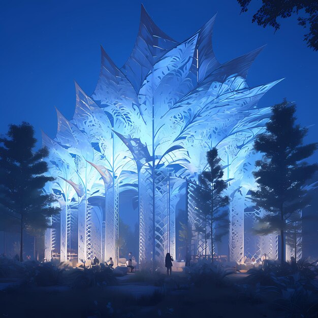 Photo glowing sculptural pavilion at night