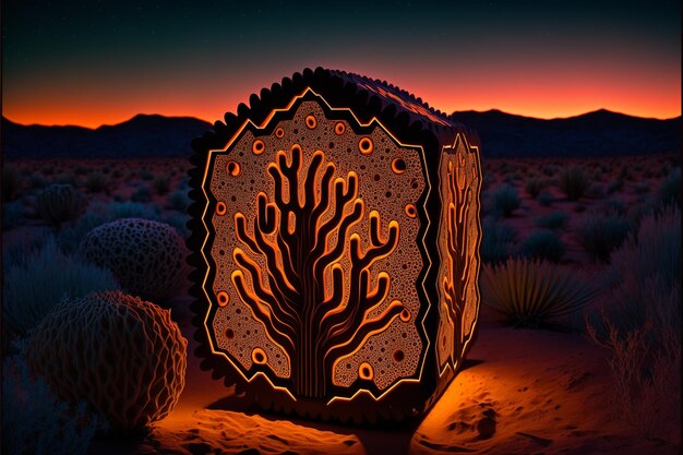 Photo a glowing sculpture of a tree in the desert