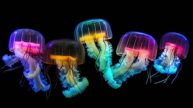 Foto meduse marine luminose su sfondo scuro arte generata dalla rete neurale rete neurale generata nel maggio 2023 non basata su alcuna scena o modello reale