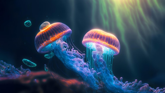 Glowing sea jellyfishes on dark background neural network generated art