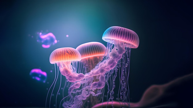 Glowing sea jellyfishes on dark background neural network generated art