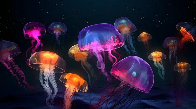 Glowing sea jellyfishes on dark background neural network generated image