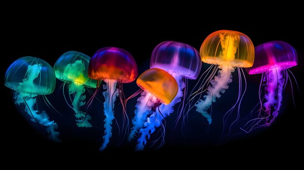 Glowing sea jellyfishes on dark background neural network generated image