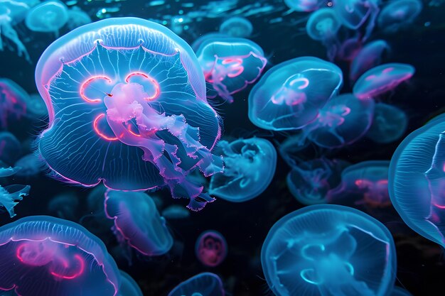 Glowing sea jellyfishes on dark background neural network generated image