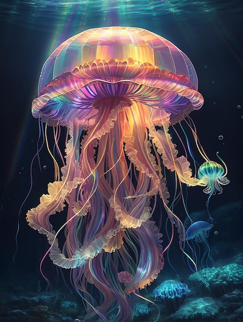 Glowing sea jellyfishes on dark background neural network