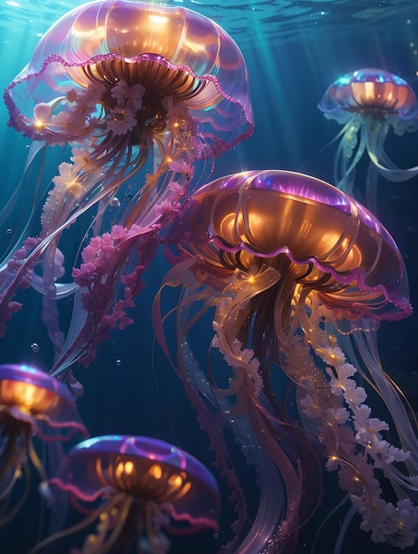 Светящиеся морские медузы на темной фоне нейронной сети