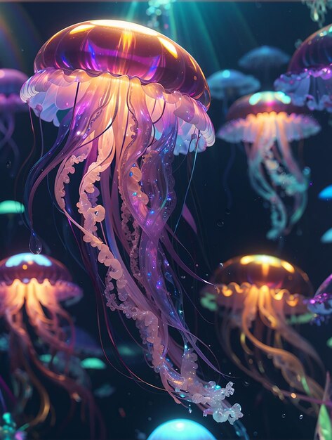 Glowing sea jellyfishes on dark background neural network