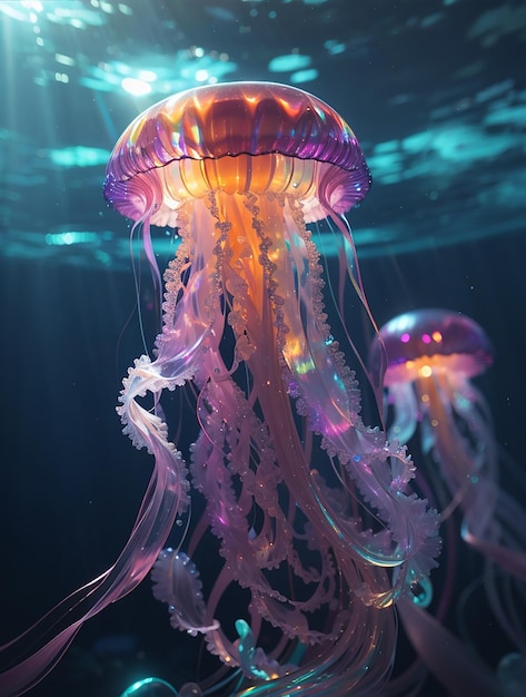 Glowing sea jellyfishes on dark background neural network