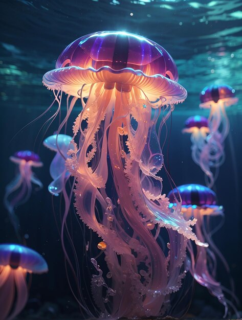 Glowing sea jellyfishes on dark background neural network