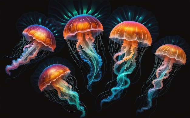 Photo glowing sea jellyfishes on dark background