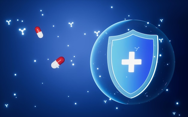 Glowing shield and molecules with blue background 3d rendering