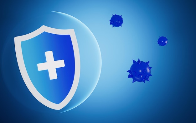 Glowing shield and virus with blue background 3d rendering