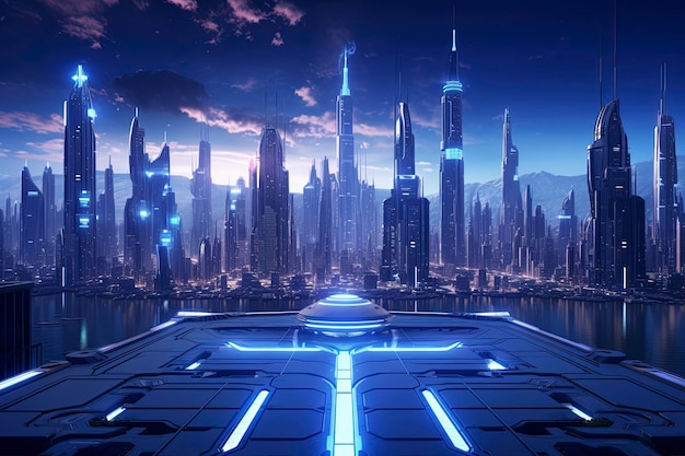 Glowing skyscrapers illuminate the futuristic cityscape at night