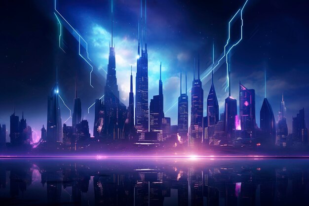 Glowing skyscrapers illuminate the futuristic cityscape at night