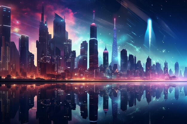Glowing skyscrapers illuminate the futuristic