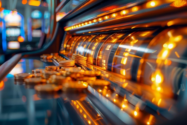 Photo glowing slot machine close up with spinning reels and coins cascade in casino