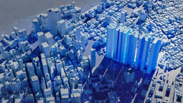 テクノメガシティの背景にある輝くスマートビルディング都市と未来のテクノロジーコンセプト3Dレンダリング