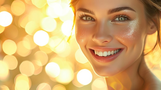 Foto il sorriso splendente di una donna con un bokeh illuminato dal sole che riflette il calore e la positività di una giornata estiva: questa immagine è generativa tramite intelligenza artificiale