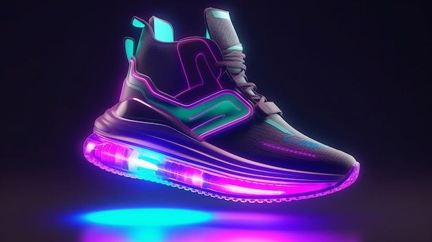 Glowing sneakers in the dark with neon colors Generative ai
