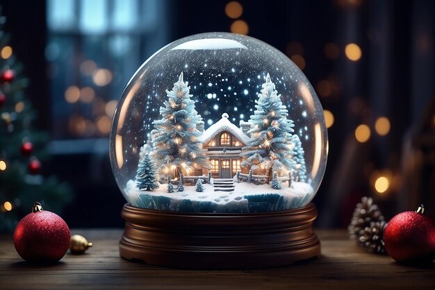 A glowing snow globe with a magical Christmas area with small lanterns inside